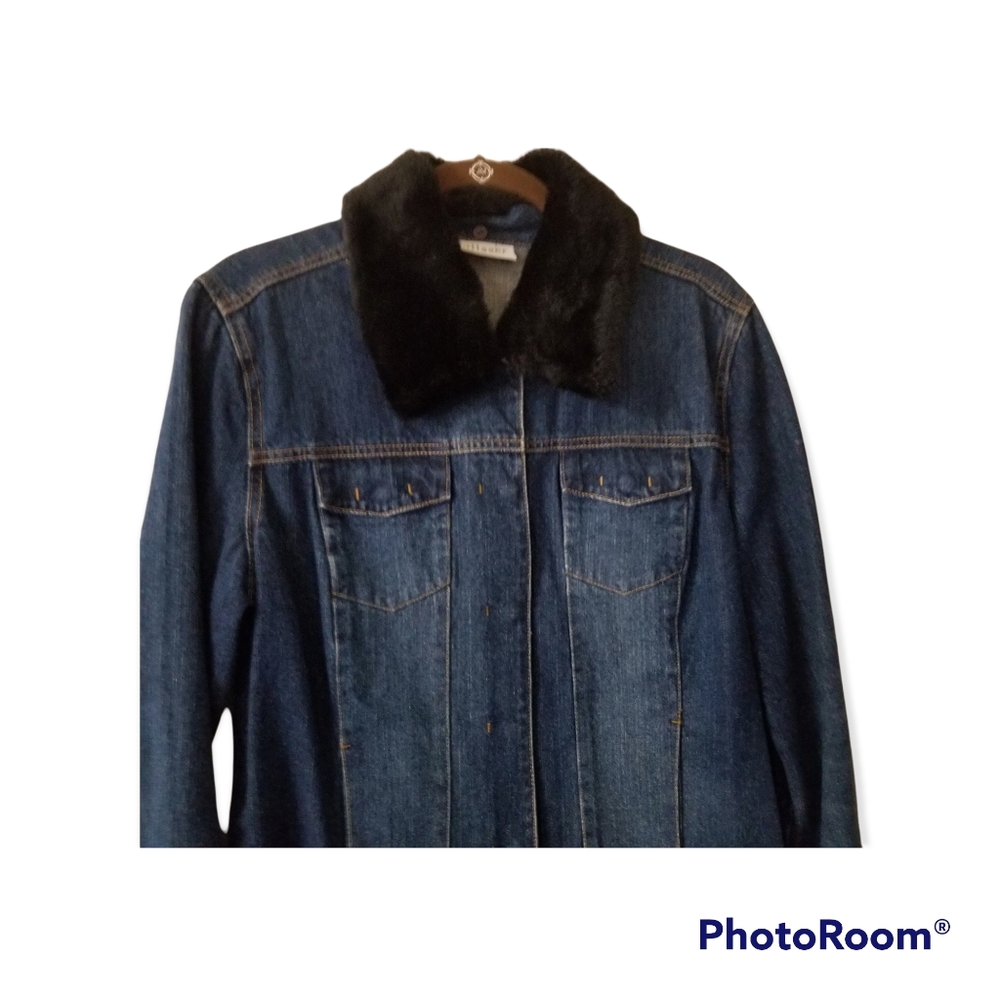 Liz Claiborne Villager - Blue Denim Jacket W Detachable Fur Collar Women's Large